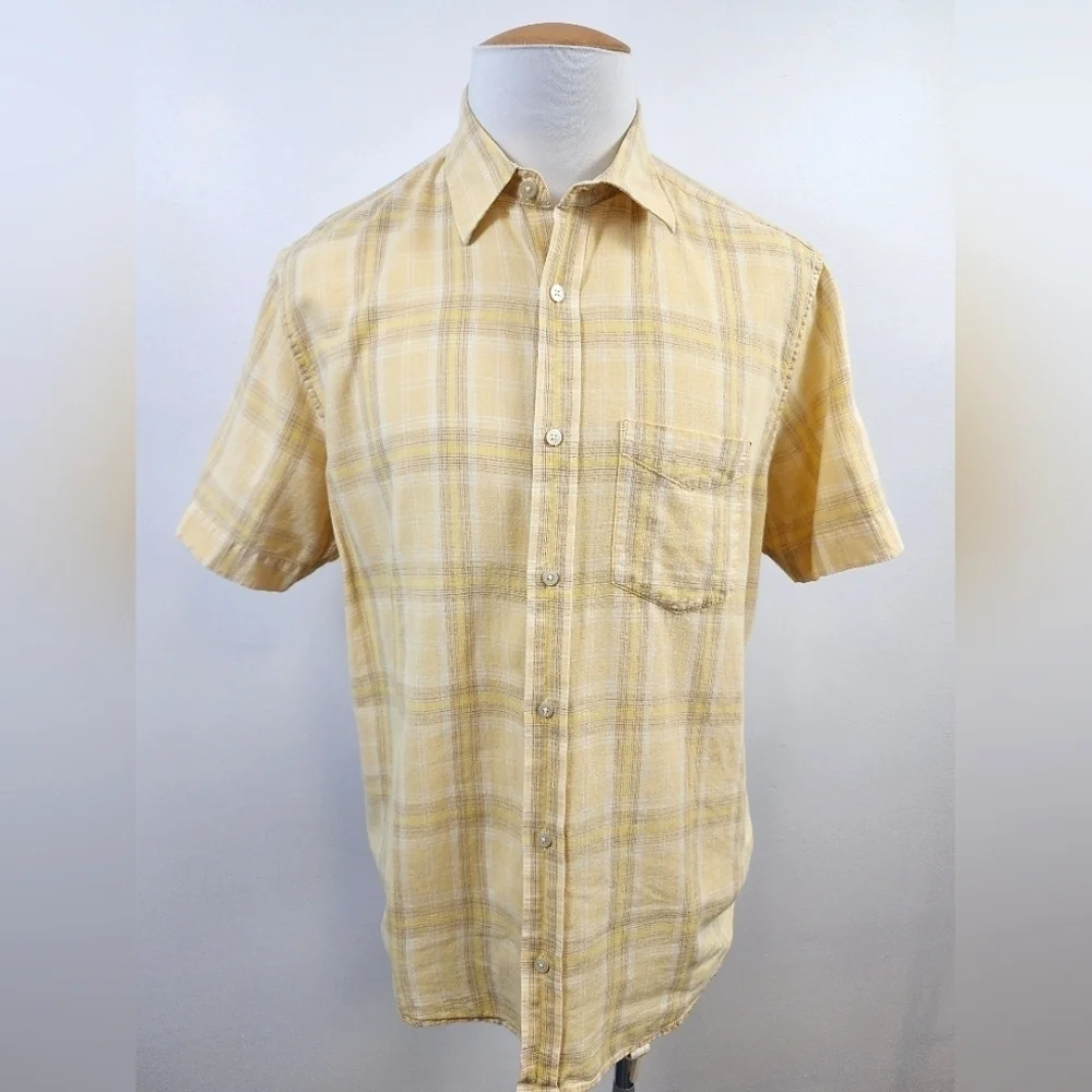 Banana Republic Button Down Shirt Yellow Plaid Short Sleeve Linen Size 16-16.5